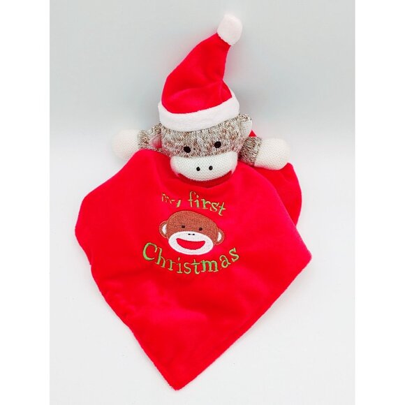 Baby Starters Santa Sock Monkey Lovey Security Blanket Red 1st Christmas Rattle - Picture 1 of 6